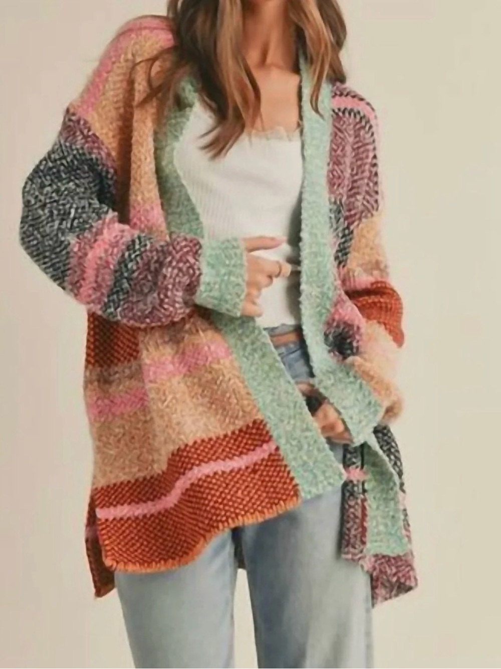 &Merci En Merci Oversized Multicolor Cardigan Burgundy Orange Pink L